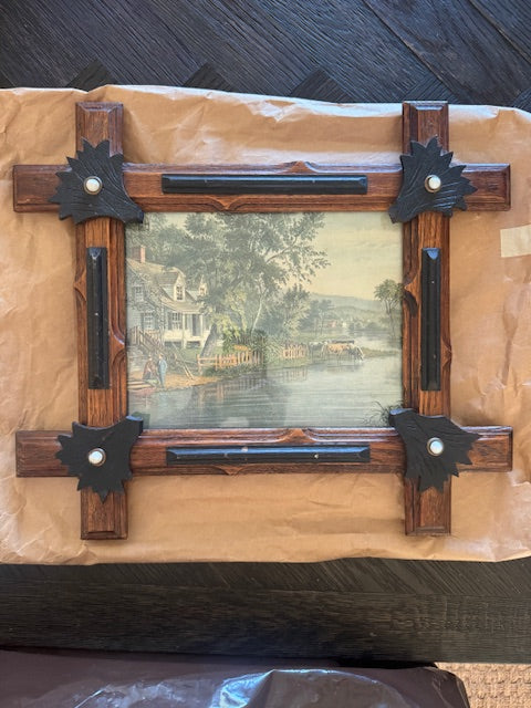 Hand-Carved Frame with Single Antq. French Ribbon Button 13.5 x 15.5